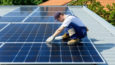 Technician installing solar panels on a residential rooftop Technician installing solar panels on a residential rooftop